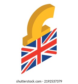 Uk currency icon isometric vector. British pound sterling symbol and uk flag. Finance, business, currency, money