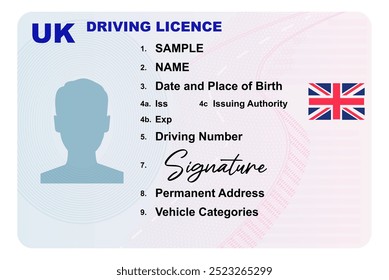 UK driving licence illustration isolated on white background. Person driver license