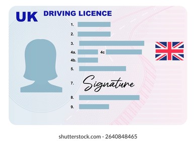 UK driving licence simplified illustration with female silhouette isolated on white background. Person driver license