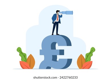 UK economic investment opportunities, UK, economic vision after Brexit deal, finding financial profit concept, businessman looking through telescope to see future vision. flat vector illustration.