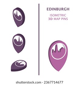 UK Edinburgh 3D vector logo set. Scotland United Kingdom isometric map pin, geolocation pointer, modern skyline icon, concept, isolated graphic