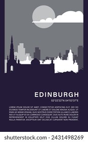 Afiche minimalista de la ciudad de Edimburgo del Reino Unido con el horizonte, ilustración vectorial retro del paisaje urbano. Reino Unido Escocia abstracto de viaje, portada, folleto, folleto, folleto, folleto, plantilla, diseño