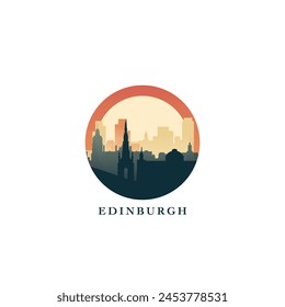 Reino Unido Edimburgo paisaje urbano, insignia de Vector degradado, logotipo plano del horizonte, icono. Escocia, Reino Unido idea redonda del emblema de la ciudad con Lugares famosos y siluetas de construcción. Gráfico aislado