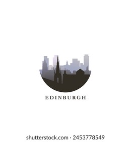 Reino Unido Edimburgo paisaje urbano, insignia de Vector degradado, logotipo plano del horizonte, icono. Escocia, Reino Unido idea redonda del emblema de la ciudad con Lugares famosos y siluetas de construcción. Gráfico aislado