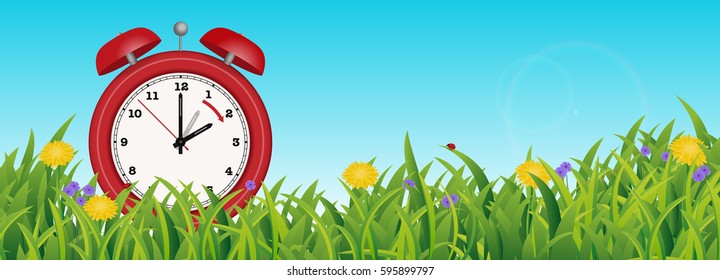 UK edition: Daylight Saving Time Reminder, Cute little red Clock in Spring Summer Grass Scene, from two to three o'clock