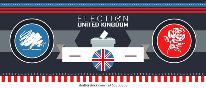 UK election 2024 banner with electoral symbols of major political parties. Vote in general election in united kingdom. British Polling box between conservative party and labour party. UK flag badge.