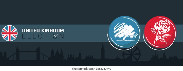 UK election banner with electoral symbols of political parties. Vote in general election in united kingdom. Political debate between conservative party and labour party.