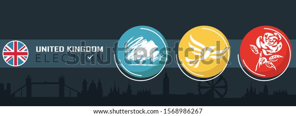 UK election banner with symbols of major\
political parties. Vote in general election in united kingdom.\
Political debate between conservative party, labour party and\
liberal democrats.