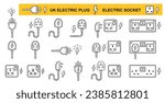 UK electric plug socket, British electrical power outlet, electro equipment wire connection line icon set. English three pin ac cable. Electricity energy. Appliance cord. Wall current switch. Vector