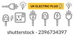 UK electric plug socket, British electrical power outlet line icon set. English three pin ac cable. Electricity energy. Electro equipment wire connection. Wall current switch. Charging device. Vector