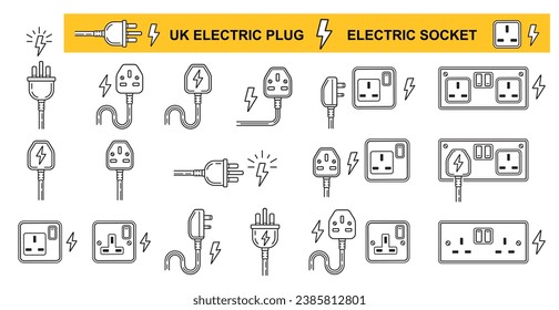 UK electric plug socket, British electrical power outlet, electro equipment wire connection line icon set. English three pin ac cable. Electricity energy. Appliance cord. Wall current switch. Vector