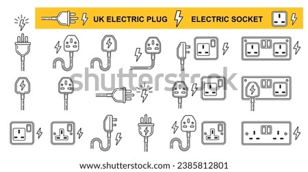 UK electric plug socket, British electrical power outlet, electro equipment wire connection line icon set. English three pin ac cable. Electricity energy. Appliance cord. Wall current switch. Vector