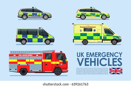 UK Emergency Vehicles Cars, Police Car, Ambulance Van, Fire Truck Isolated On Blue Background