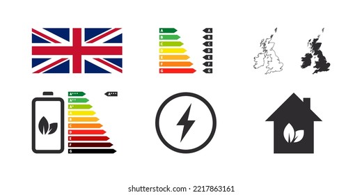 UK Energy Efficiency Badges. Energy Performance icons. Energy rating chart. Vector illustration