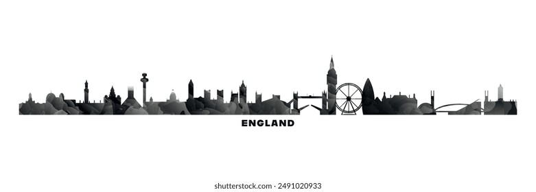 UK England country skyline, cities panorama. Vector banner or long logo with abstract texture. London, Manchester, Bradford, Bristol, Sheffield silhouette, isolated graphic