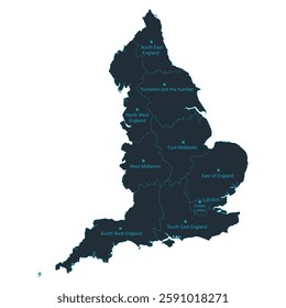 UK, England map high detailed with administrative divide by state, capital cities names, outline simplicity style. Vector illustration EPS10.