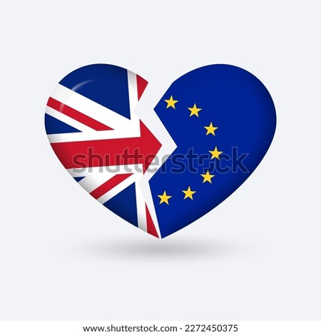 UK and EU broken heart flags. Brexit 3d icon. British and Europe split, crisis symbol. Vector illustration.