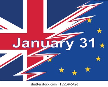 UK and EU flags with crack between. exit of great Britain from the EU to January 31