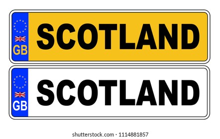 The UK Eu number plate front and rear over a white background with Scotland text on both