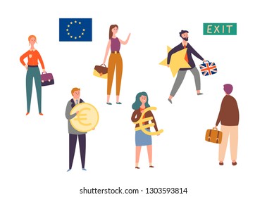 Uk Exit European Union, Brexit Concept Character Set. Man Leave Eu with Star. Britain National Politics Reform to Stop Economic Crisis. People Hold Currency Sign Flat Cartoon Vector Illustration