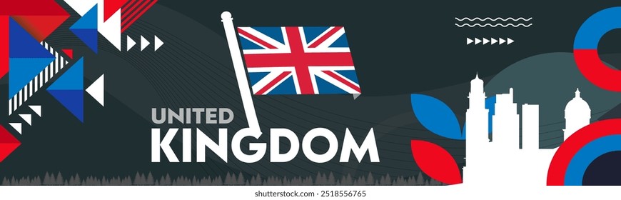 Banner der britischen Flagge. Design der britischen Flagge mit dem Hintergrund des britischen Flaggenthemas. Großbritannien und geometrische abstrakte Retro-Moderne Design. Vektorgrafik. Demokratiewahl.