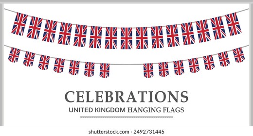 UK flag bunting. Set of Patriotic hanging flags. Bunting decoration of United Kingdom Flags With Rope isolated on white background. Celebrations vector flag.