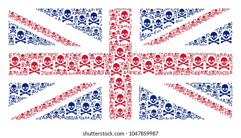 UK Flag collage combined of death skull design elements. Vector death skull elements are composed into conceptual English flag collage.