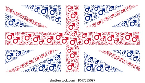 UK Flag collage combined of mars symbol elements. Vector mars symbol icons are united into conceptual United Kingdom flag collage.