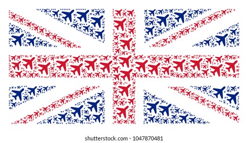 UK Flag collage composed of air plane elements. Vector air plane elements are combined into conceptual UK flag composition.