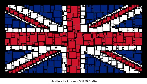 UK Flag collage composed of filled square design elements on a dark background. Vector filled square items are united into mosaic United Kingdom flag composition.