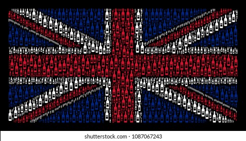 UK Flag collage composed of wine bottle icons on a dark background. Vector wine bottle pictograms are combined into conceptual Great Britain flag pattern.