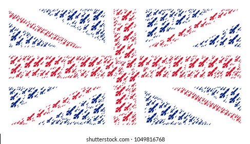 UK Flag collage designed of missile launch elements. Vector missile launch pictograms are organized into geometric United Kingdom flag illustration.