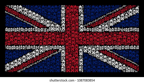 UK Flag collage done of clock tower design elements on a dark background. Vector clock tower elements are combined into conceptual United Kingdom flag collage.