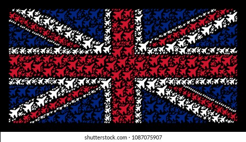 UK Flag composition combined of jet fighter design elements on a dark background. Vector jet fighter icons are composed into conceptual UK flag illustration.