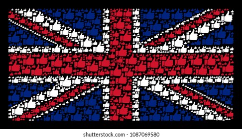UK Flag composition composed of thumb up design elements on a dark background. Vector thumb up icons are united into mosaic Great Britain flag pattern.