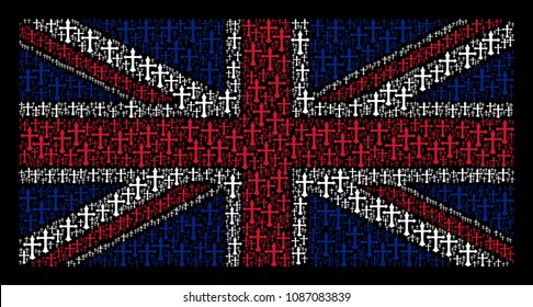 UK Flag composition created of Christian cross design elements on a dark background. Vector Christian cross items are formed into geometric Great Britain flag illustration.