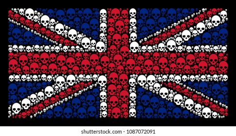 UK Flag composition done of skull design elements on a dark background. Vector skull elements are formed into conceptual UK flag composition.