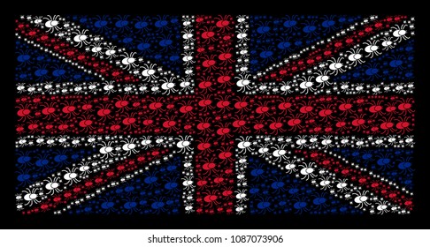 UK Flag concept created of mite tick icons on a dark background. Vector mite tick items are combined into conceptual United Kingdom flag pattern.