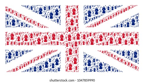 UK Flag concept made of death scytheman elements. Vector death scytheman pictograms are combined into mosaic English flag collage.