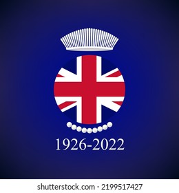 UK Flag, Crown And Necklace And Dates 1926-2022 On A Blue Background. Remembering British Queen Concept.