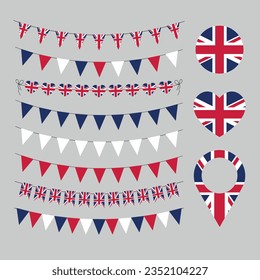 UK flag garland set, Union Jack pennants, British party decoration, set of Great Britain flag decor vector elements