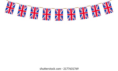 UK flag garland. Union Jack pennants chain. British party bunting decoration. Great Britain flags for celebration. Footer and banner background.