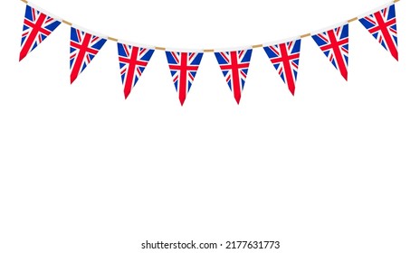 UK flag garland. Union Jack pennants chain. British party bunting decoration. Great Britain flags for celebration. Footer and banner background.