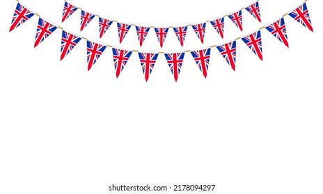 UK flag garland. Union Jack pennants chain. British party bunting decoration. Great Britain flags for celebration. Footer and banner background.