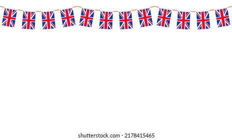 UK flag garland. Union Jack pennants chain. British party bunting decoration. Great Britain flags for celebration. Footer and banner background.