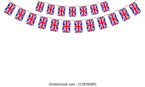 UK flag garland. Union Jack pennants chain. British party bunting decoration. Great Britain flags for celebration. Footer and banner background.