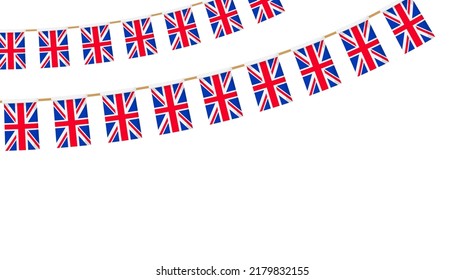 Garland unter britischer Flagge. Union Jack Pennants Kette. Britische Parteischmuck. Großbritannien flaggt zum Feiern. Fußzeile und Banner-Hintergrund.