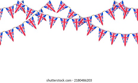 UK flag garland. Union Jack pennants chain. British party bunting decoration. Great Britain flags for celebration. Repeating pattern. Vector background.