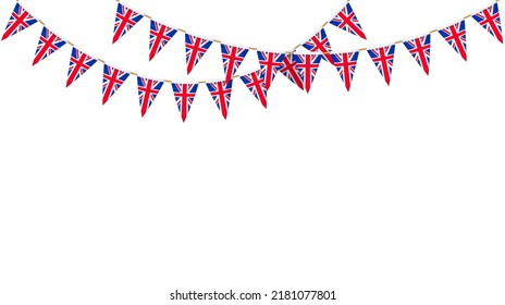 UK flag garland. Union Jack pennants chain. British party bunting decoration. Great Britain flags for celebration. Footer and banner background.