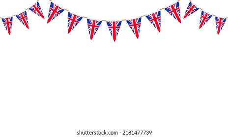 Patria de la bandera del Reino Unido. La cadena Union Jack Pennants. Decoración de fiesta británica. Banderas de Gran Bretaña para celebración. Fondo del pie y del cartel.